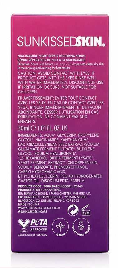 Niacinamide Night Repair Restoring Serum by Sun-kissed Skin – 30ml